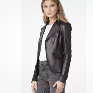 Theory Leather Jacket Black Bristol Peplum Draped  S Wing Lapel Open Front